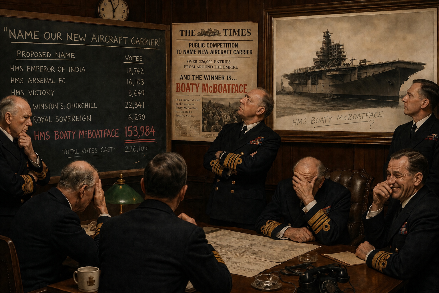A wartime Admiralty review board reviews the public naming results for a newly commissioned aircraft carrier, c. 1942.