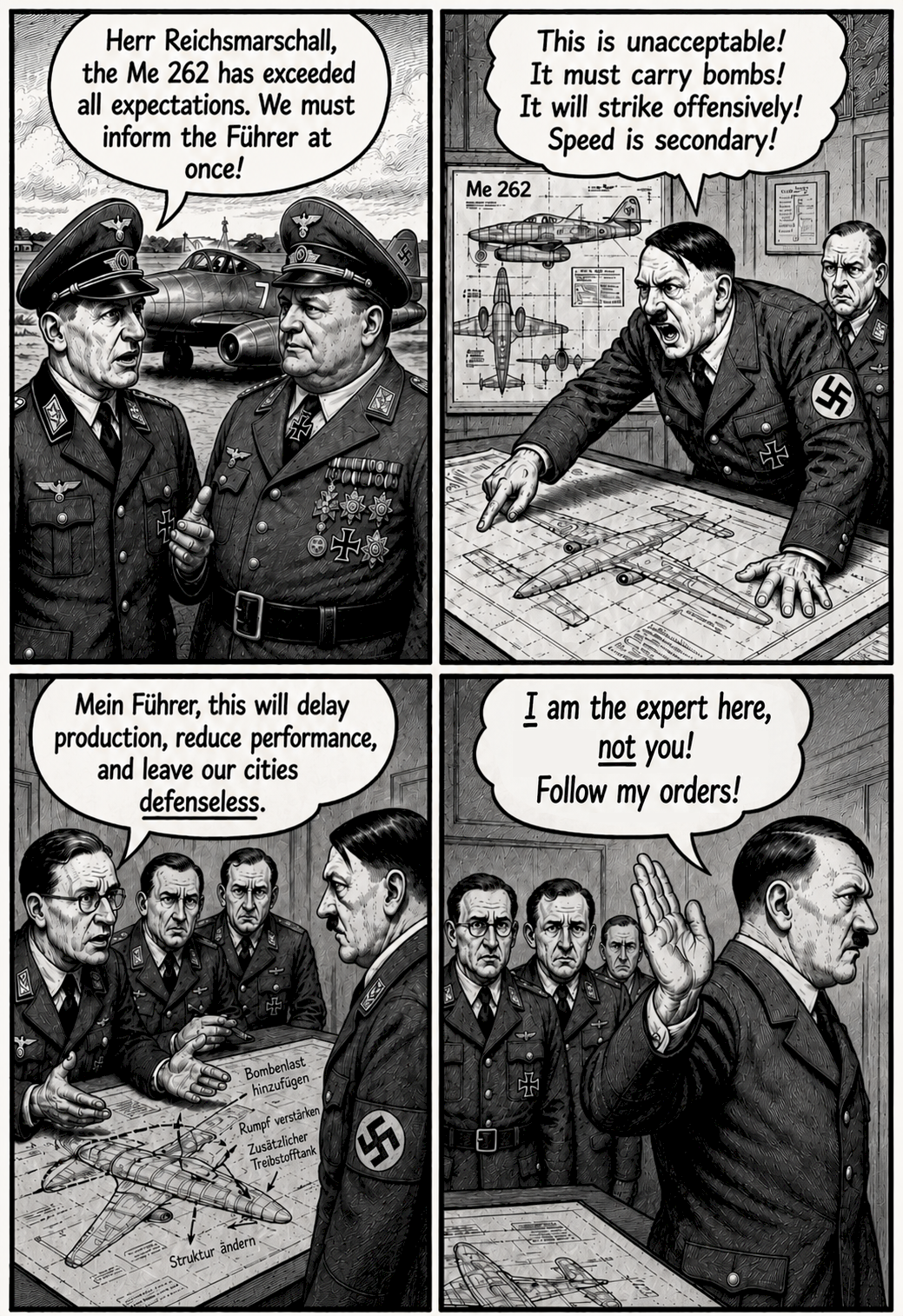 A four-panel satirical cartoon showing Adolf Hitler overruling engineers’ objections and ordering modifications to the Me 262 jet fighter, c. 1944.