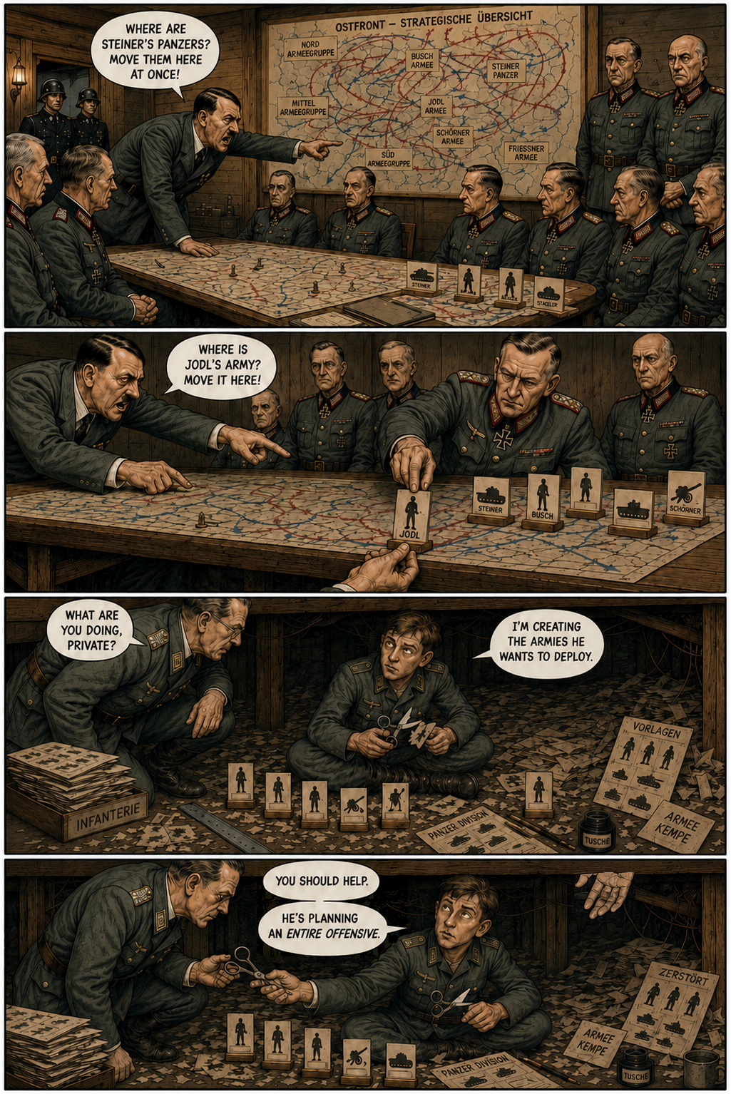 A four-panel satirical cartoon depicting Adolf Hitler ordering military units moved across a battlefield map while a junior officer hidden beneath the conference table creates the paper armies needed to carry out the plan, c. 1945.